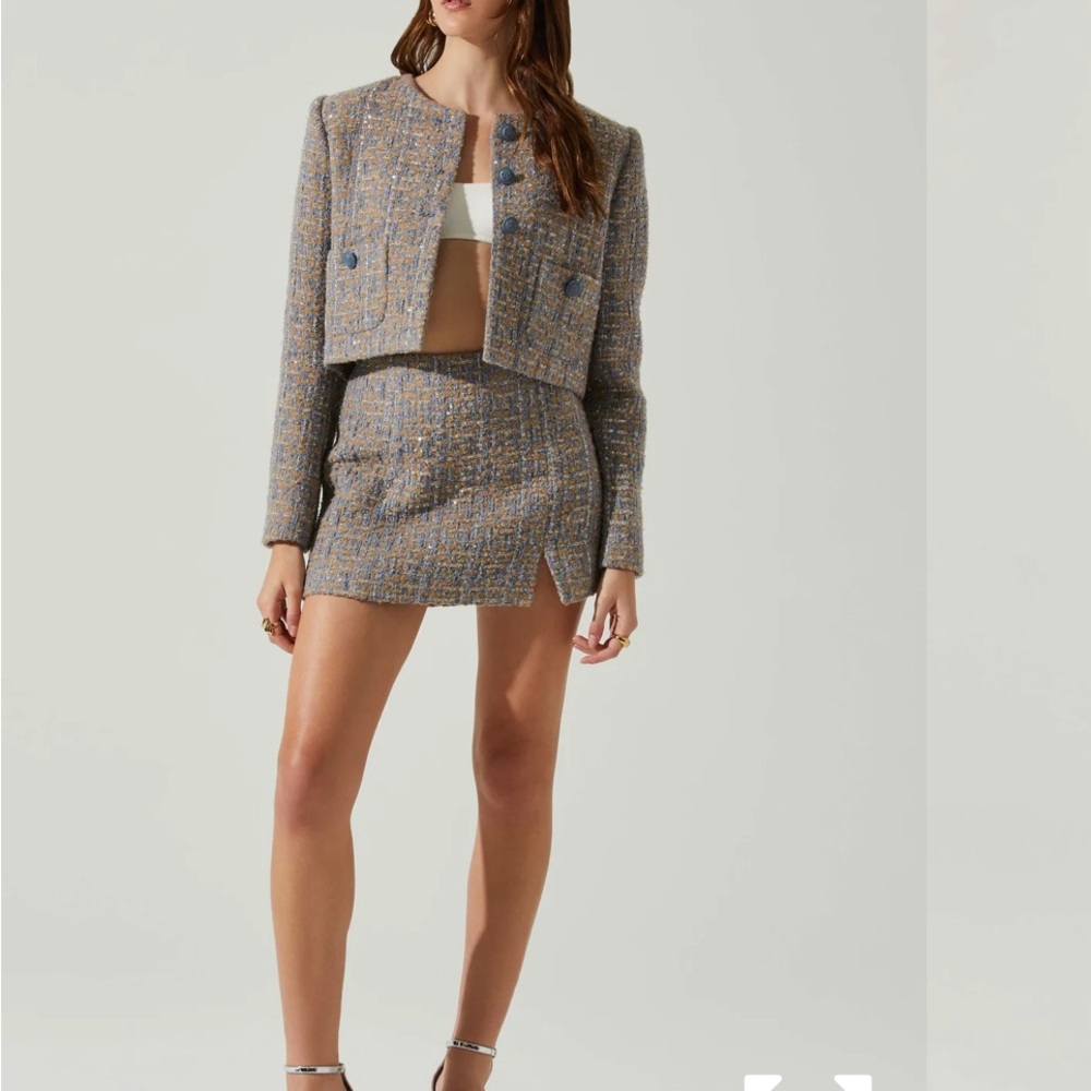 NWT ASTR Nordstrom Covina Tweed Mini Skirt in Blue Taupe Silver size L